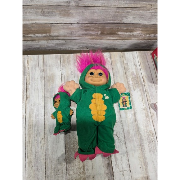 Russ Berrie Other - Vintage‎ Russ Troll Kidz Dino Green Dinosaur Costume Plush Doll Set 13"& 5" TLC